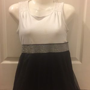 A short black and white dress.